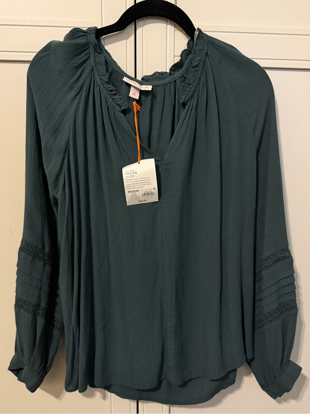 NWT Women’s Knox Rose Dark Green Teal Long-Sleeve Peasant Blouse